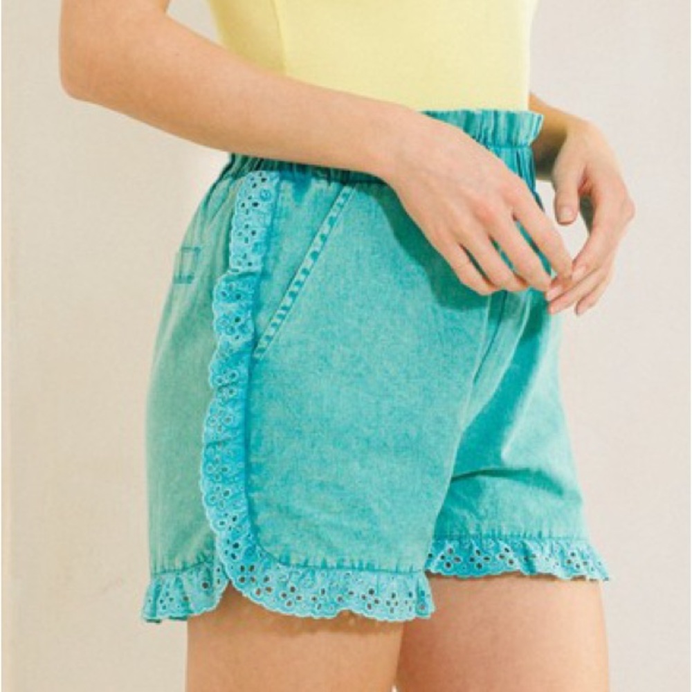 Oddi Turquoise Eyelet Trim Elastic-Waist Women’s Shorts - Picture 4 of 6